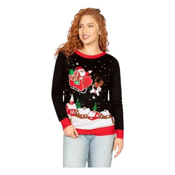Tipsy Elves Meowy Christmas Sleigh Light Up Ugly Christmas Sweater Blue Red Knit - Picture 1 of 8